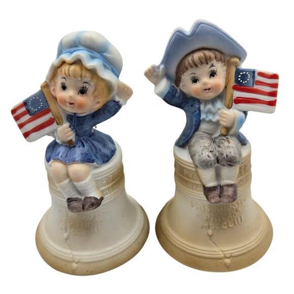 Albert E. Price 1974 Patriotic Boy & Girl Ceramic Bell Figurines Japan - Picture 1 of 12